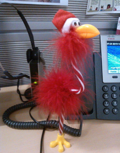 20th January 2014:  My new pen.  Message received yesterday from a colleague sitting at my desk: 'this santa bird thing is scaring me.' :o)