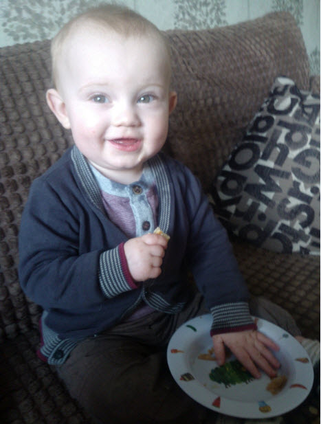 2nd February 2014: Little P and I shared a chocolate croissant (that is what aunties are for) and he got the hang of using his bowl. He was rather proud of this, as you can see.