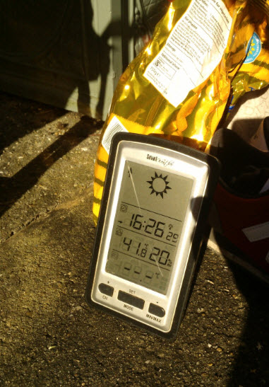 It's cheating as this is in direct sunlight, but here's proof that it did get rather warm - this is later in the day in my parents back garden.