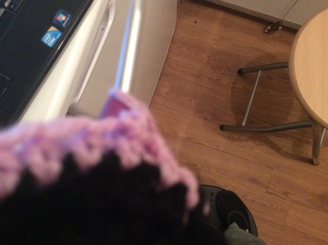 laptop on the left, crochet in the front and you can just see a foot on the wobble board - multitasking!